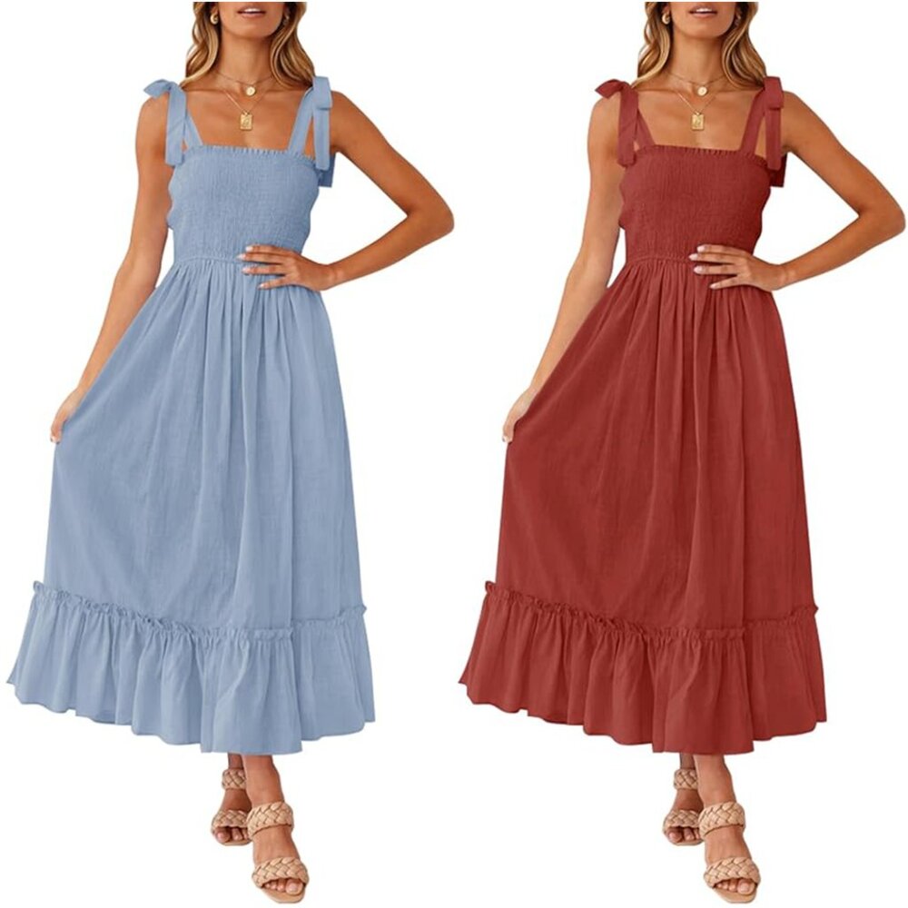 $10 for both, Summer Boho Strap Square Neck, Ruffle A Line Maxi Dress